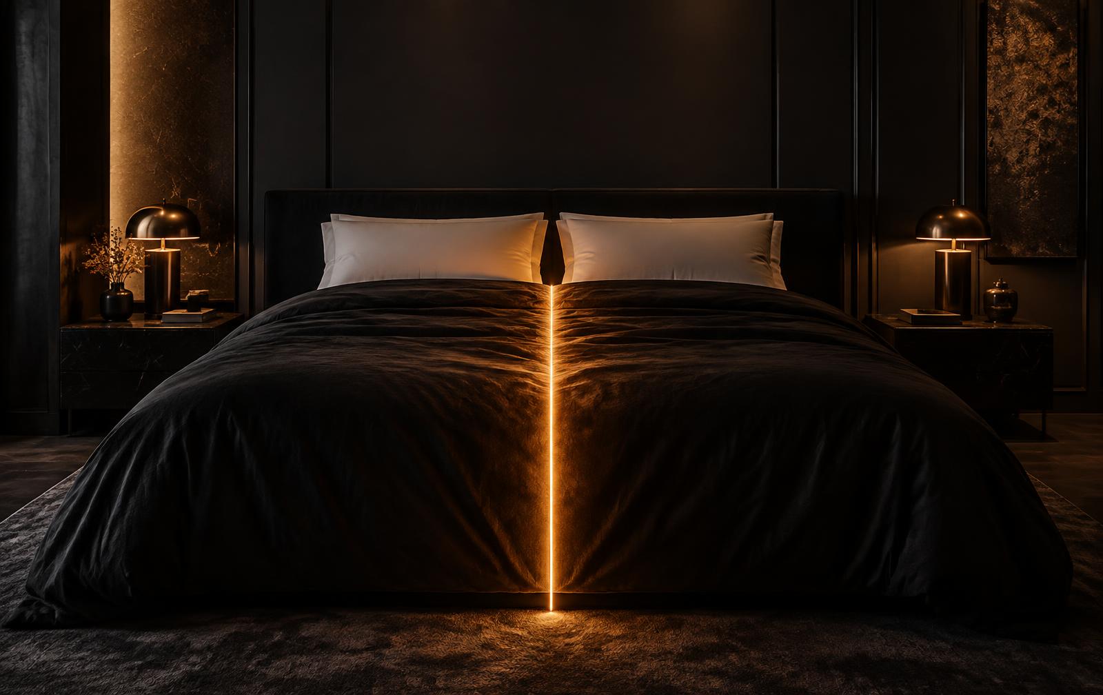 Dunkles Schlafzimmer, in der Bettmitte eine feine warme Lichtlinie